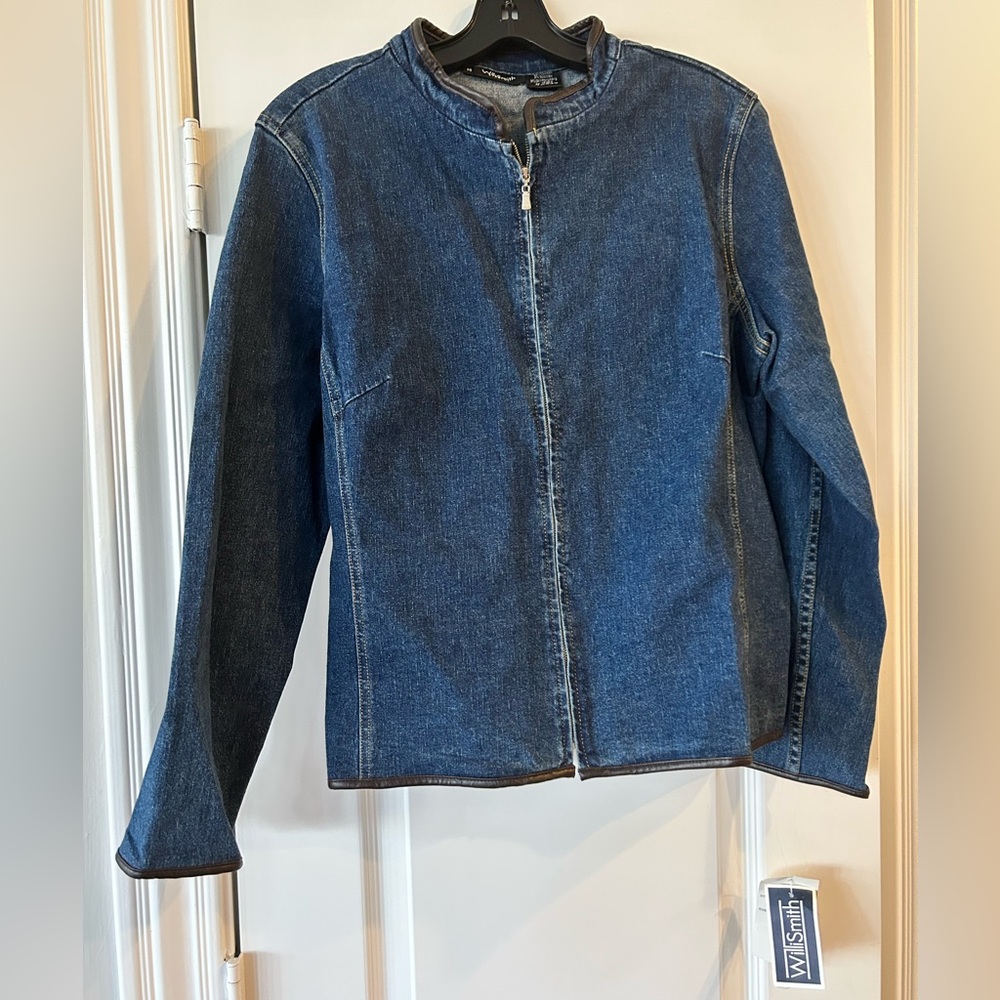 Womens WILL SMITH Denim Jean Jacket w/ Brown Leather Trim Piping. Sz 14  NWT $55